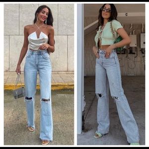 Zara Wide leg full length ripped 90s light wash jeans retro 6